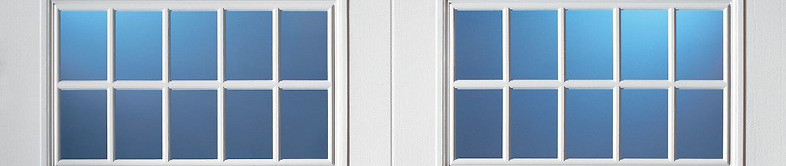 White Stockton garage door windows with an 8-pane grid and blue-tinted glass.