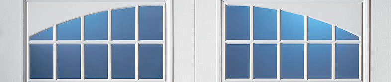 White Stockton Arch garage door windows with an 8-pane grid and blue-tinted glass.