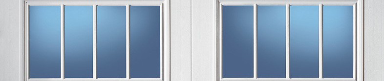 White garage door window with a 4-pane vertical grid and blue-tinted glass.